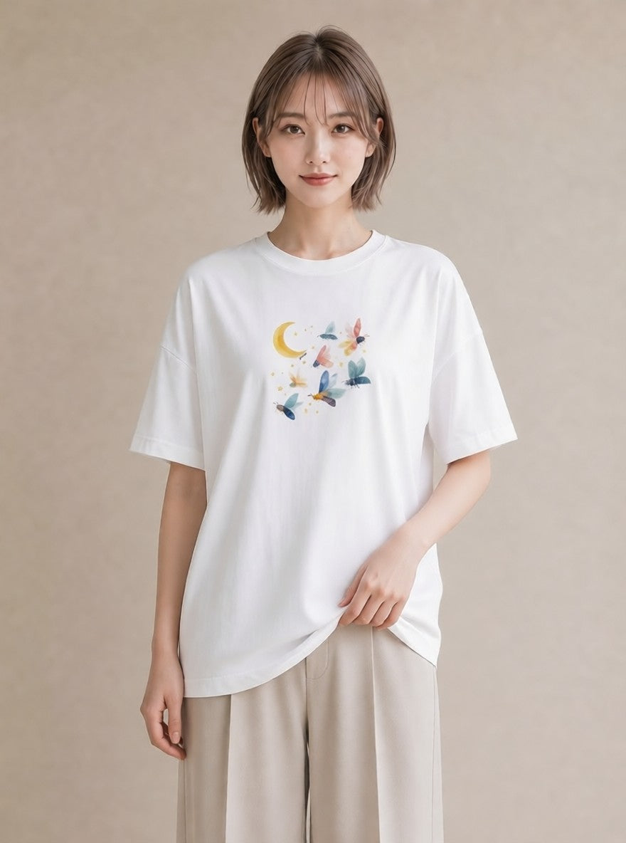 半袖Tシャツ レディース 月 星空 宇宙 イラスト お洒落 ホワイトデー 春服 白T YMAZO