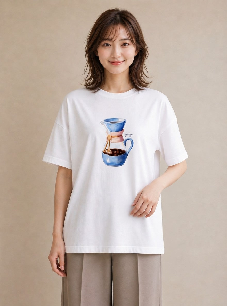 デザインTシャツ レディース コーヒー 珈琲 カフェ 食べ物 フード イラスト ポップ ビーチ デイリーウェア 白T YMAZO