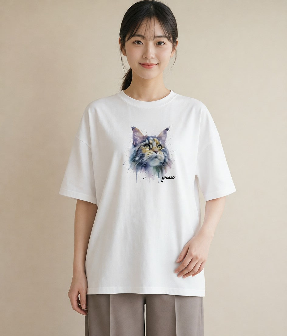 プリントTシャツ レディース サバトラ 猫 ねこ イラスト 北欧風 カフェ服 クリスマス 白T YMAZO