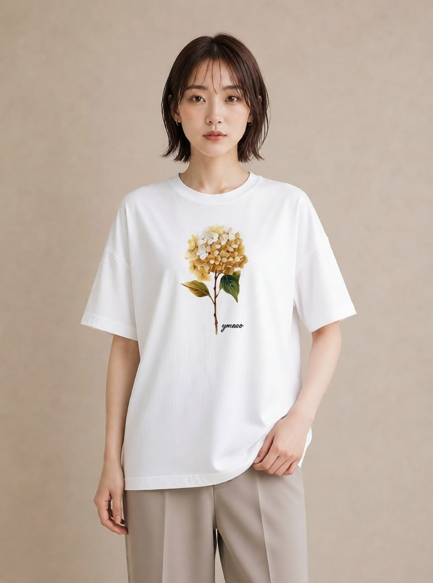 デザインTシャツ レディース あじさい 紫陽花 アジサイ 花 花柄 イラスト シンプル 海 カフェ巡り 白T YMAZO