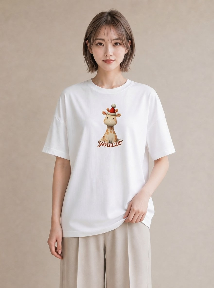 半袖Tシャツ レディース きりん 動物 アニマル イラスト 公園 ママ 白T YMAZO