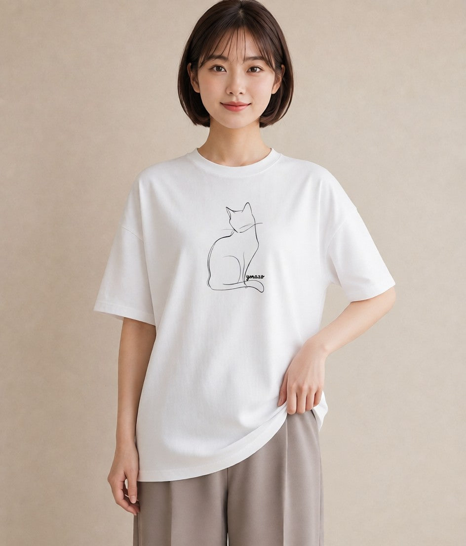 デザインTシャツ レディース 猫 ねこ ネコ イラスト 休日コーデ お出かけ 普段着 白T YMAZO
