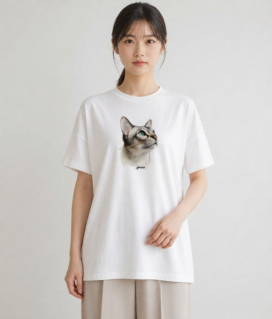 グラフィックTシャツ レディース ブリティッシュショートヘア 猫 ねこ イラスト フェミニン 海 カフェ巡り 白T YMAZO