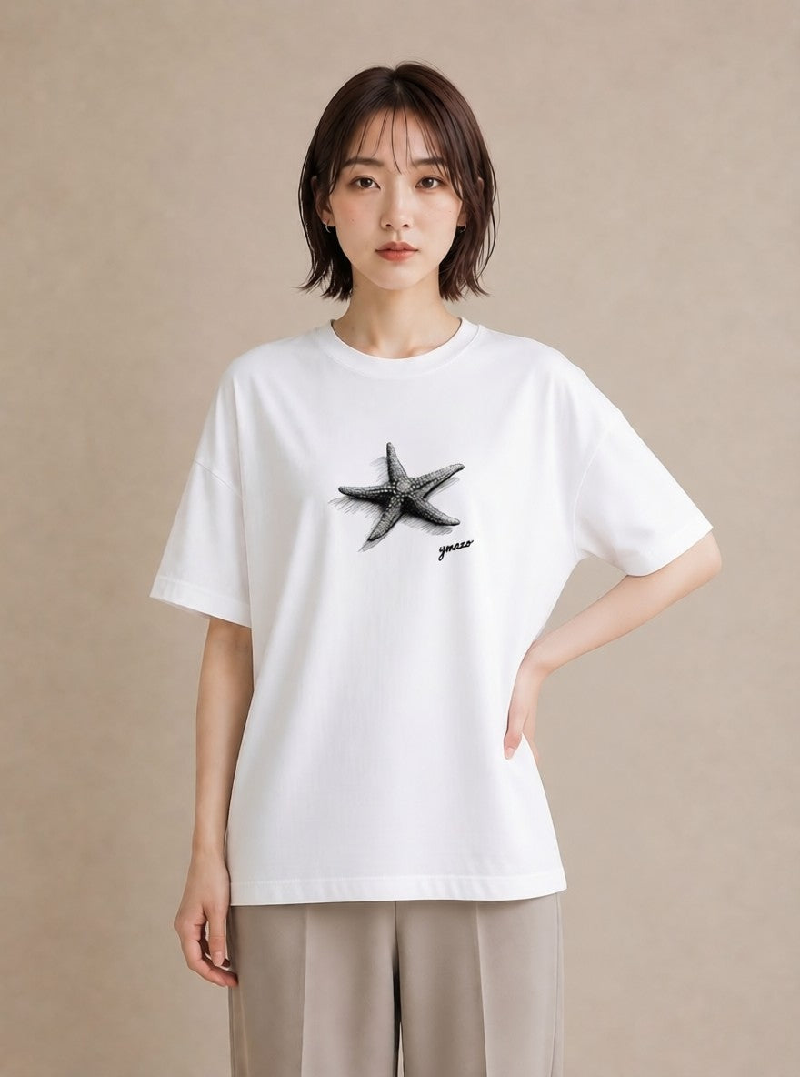 Tシャツ レディース ヒトデ 海の生き物 海 イラスト ラフカジュアル 公園 ママ 白T YMAZO