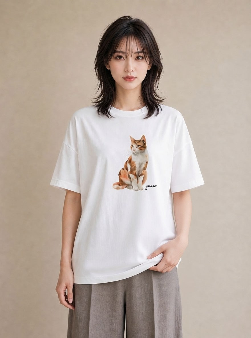 グラフィックTシャツ レディース スコティッシュフォールド 猫 ねこ イラスト シンプル 送別ギフト 通勤 白T YMAZO