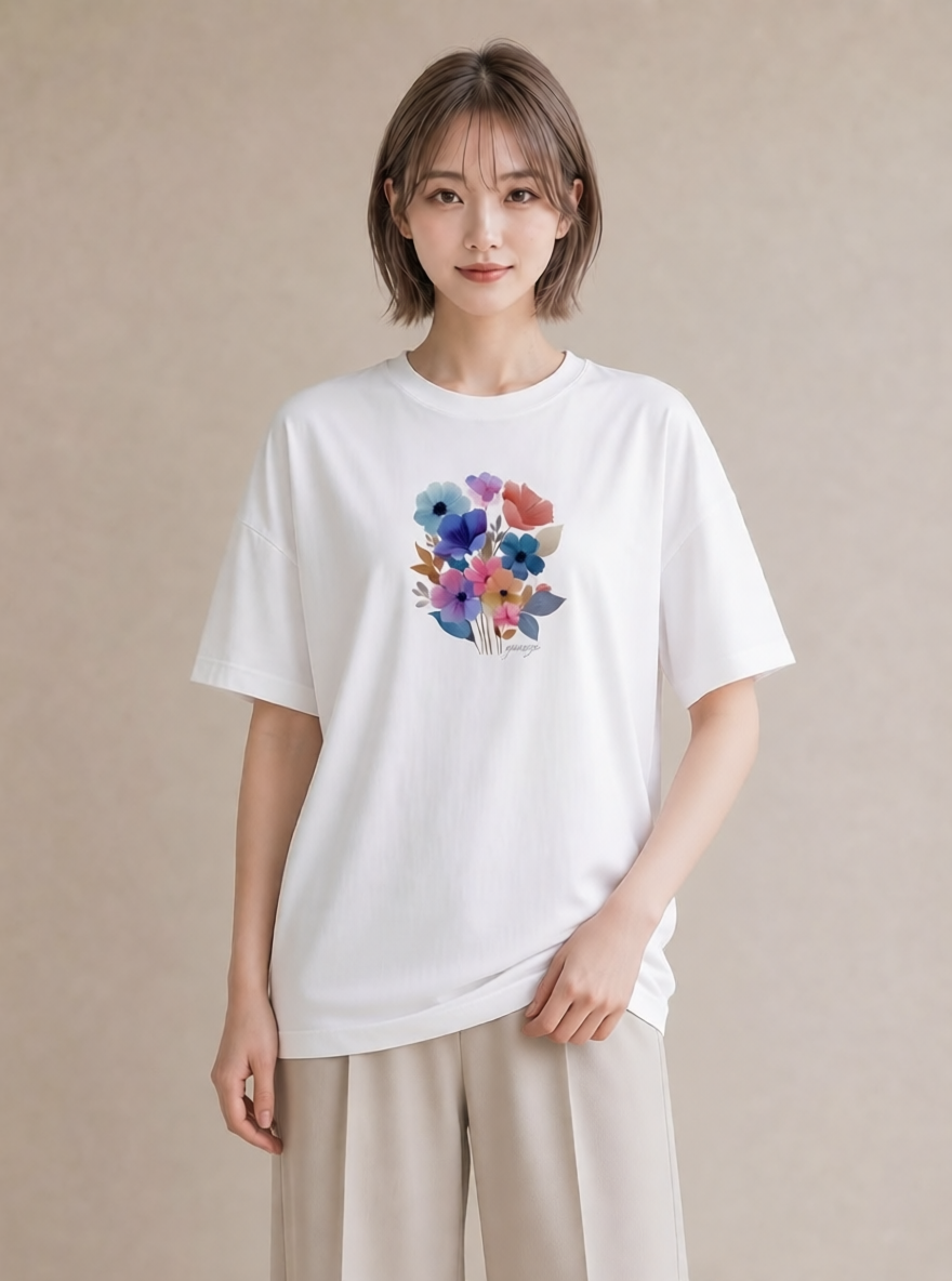 プリントTシャツ レディース あさがお 朝顔 花 花柄 イラスト ユニーク お出かけ 普段着 白T