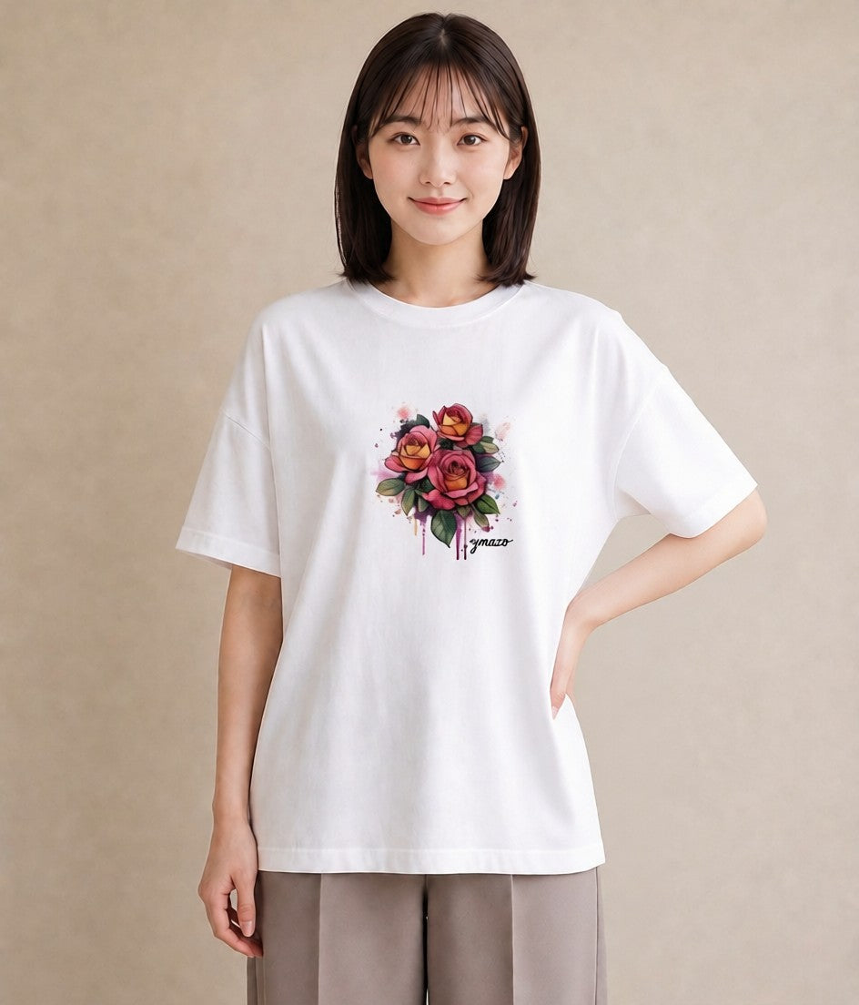 プリントTシャツ レディース バラ 薔薇 ローズ 花 花柄 イラスト 普段使い お出かけ 普段着 白T YMAZO