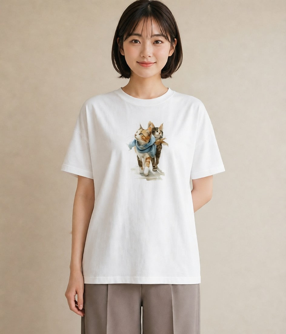 プリントTシャツ レディース ソマリ 猫 ねこ イラスト アート風 カフェ服 クリスマス 白T YMAZO