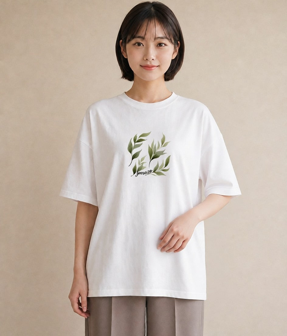 プリントTシャツ レディース シダ 植物 ボタニカル イラスト モード 春服 ミセス 白T YMAZO