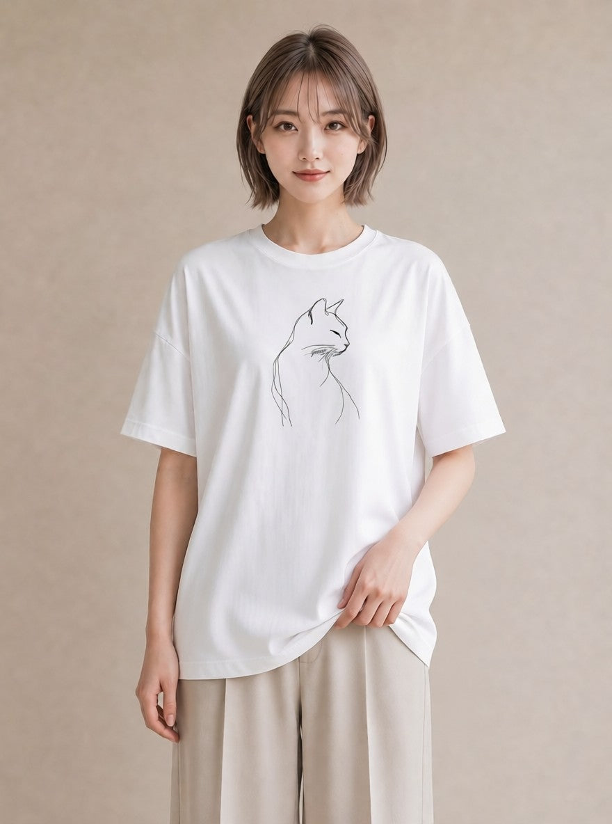 半袖Tシャツ レディース 猫 ねこ ネコ イラスト 淡色 社会人 女性 白T YMAZO