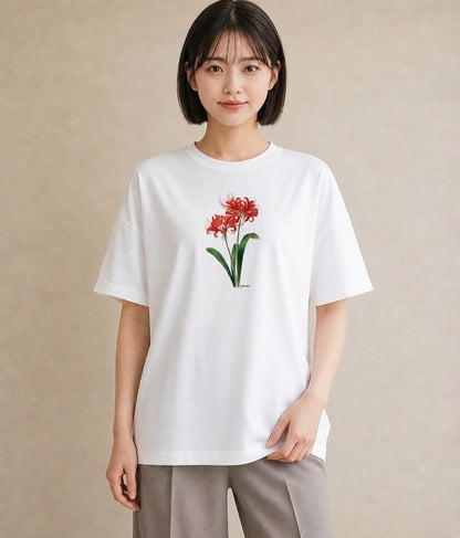 半袖Tシャツ レディース 彼岸花 花 花柄 イラスト 韓国風 レイヤード 友達ギフト 白T