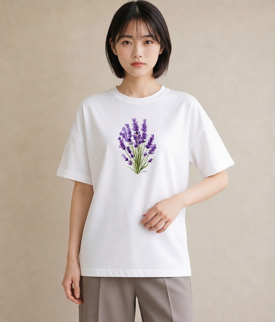 半袖Tシャツ レディース ラベンダー 花 花柄 イラスト ラフカジュアル 通学 誕生日プレゼント 白T
