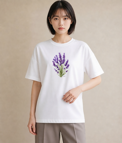 半袖Tシャツ レディース ラベンダー 花 花柄 イラスト ラフカジュアル 通学 誕生日プレゼント 白T