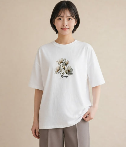 グラフィックTシャツ レディース 椿 花 花柄 イラスト ニュアンス ラフ レイヤード 白T YMAZO