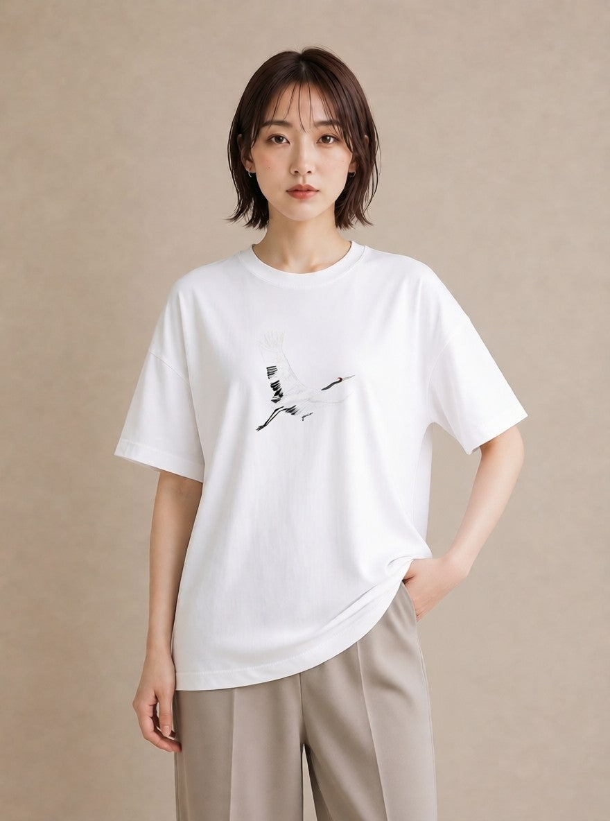 グラフィックTシャツ レディース 折り鶴 折り紙 ナチュラル アンティーク イラスト 個性的 ラフ レイヤード 白T YMAZO