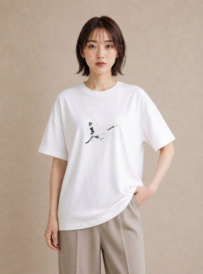 グラフィックTシャツ レディース 折り鶴 折り紙 ナチュラル アンティーク イラスト 個性的 ラフ レイヤード 白T YMAZO