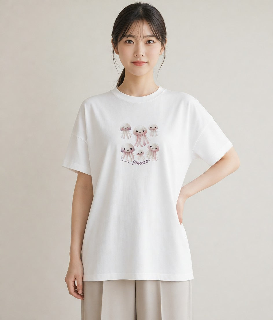 Tシャツ レディース くらげ クラゲ 海の生き物 海 イラスト きれいめカジュアル 公園 ママ 白T YMAZO
