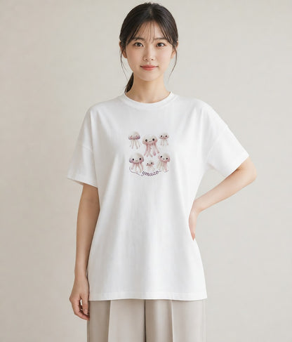 Tシャツ レディース くらげ クラゲ 海の生き物 海 イラスト きれいめカジュアル 公園 ママ 白T YMAZO