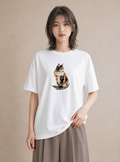 Tシャツ レディース しっぽ 猫 ねこ イラスト 線画 お出かけ 普段着 白T YMAZO
