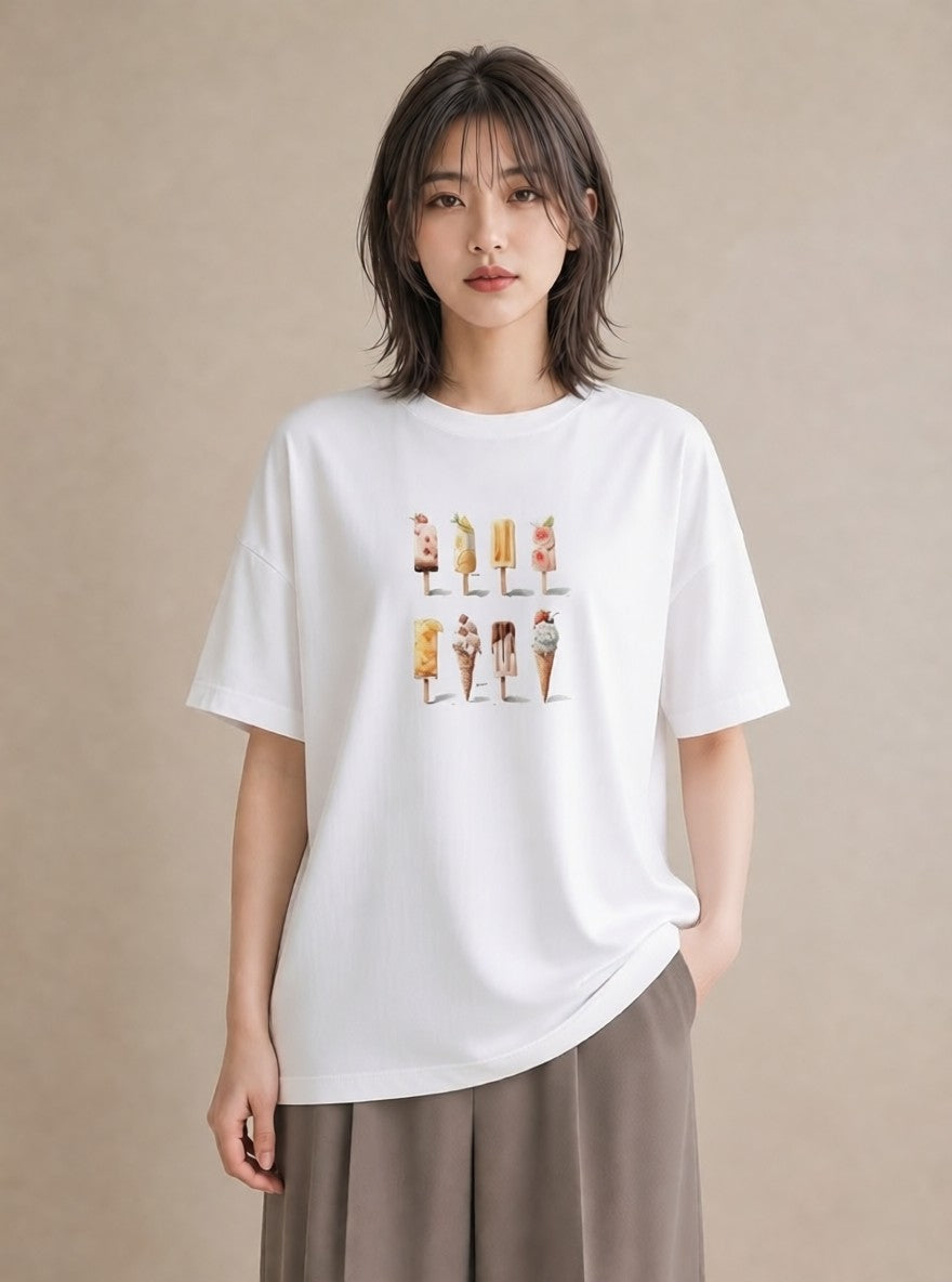 半袖Tシャツ レディース アイス 食べ物 フード イラスト ゆるコーデ ママ カフェ服 白T YMAZO