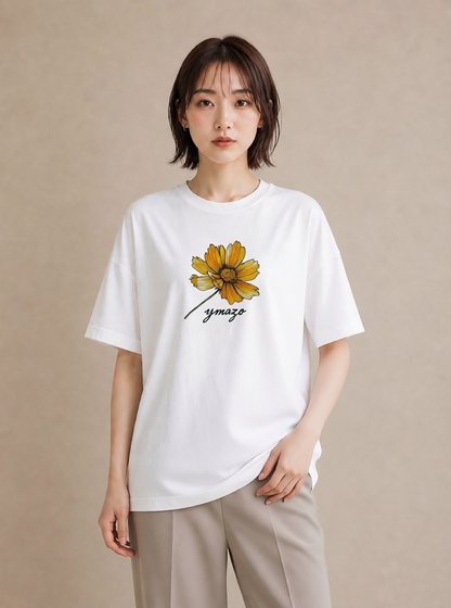 Tシャツ レディース デイジー 花 花柄 イラスト アート風 通勤 在宅 白T