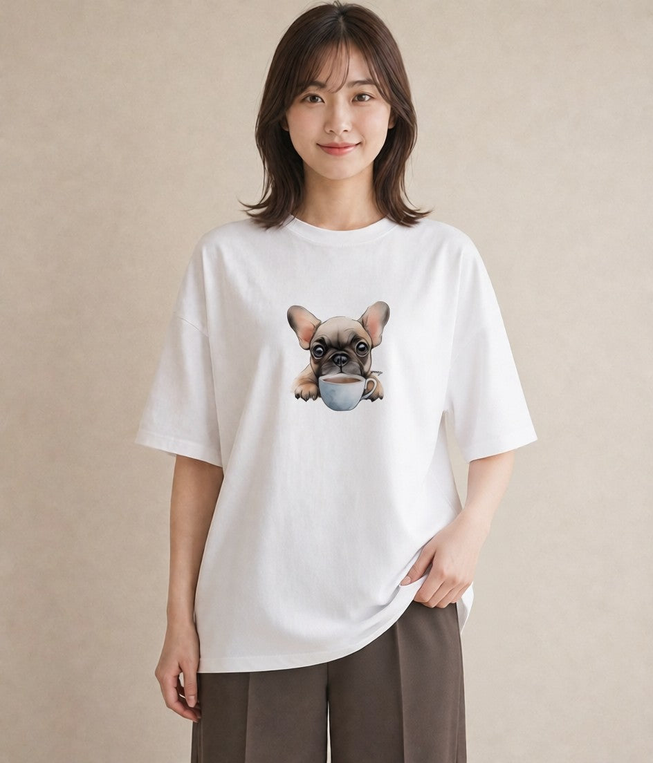 デザインTシャツ レディース フレンチブルドッグ フレブル 犬 いぬ イラスト フェミニン 通学 誕生日プレゼント 白T YMAZO