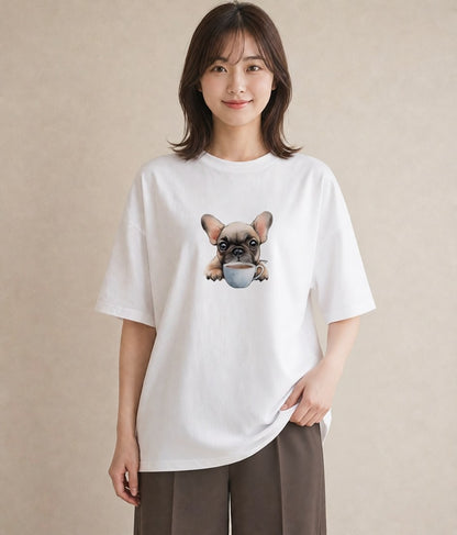 デザインTシャツ レディース フレンチブルドッグ フレブル 犬 いぬ イラスト フェミニン 通学 誕生日プレゼント 白T YMAZO