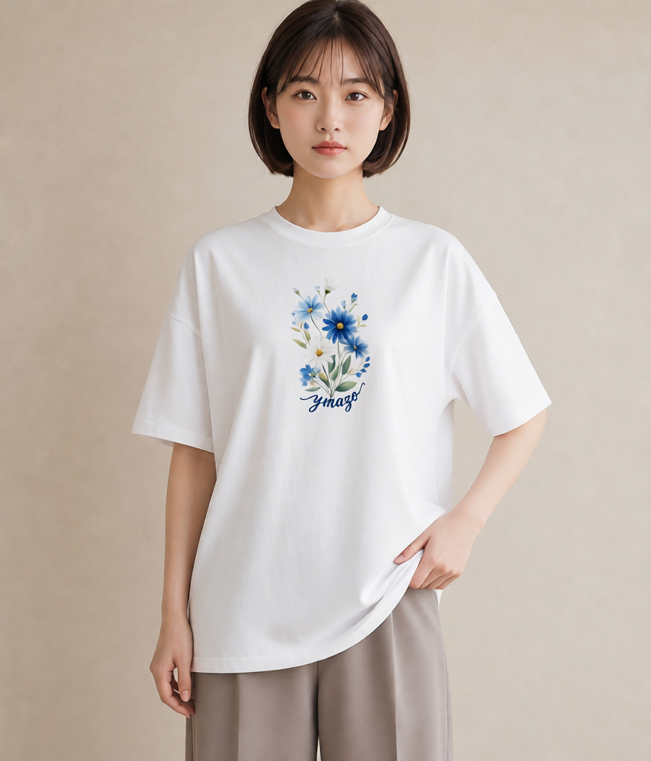 半袖Tシャツ レディース デイジー 花 花柄 イラスト 線画 ビーチ デイリーウェア 白T