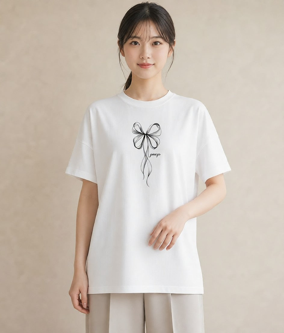 デザインTシャツ レディース リボン 蝶結び ナチュラル アンティーク イラスト ラフカジュアル 旅行用 海 白T YMAZO