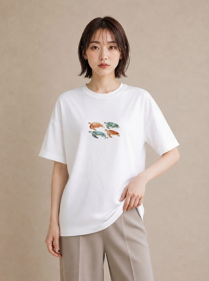 半袖Tシャツ レディース カメ ペット 動物 イラスト 個性的 普段着 週末コーデ 白T YMAZO