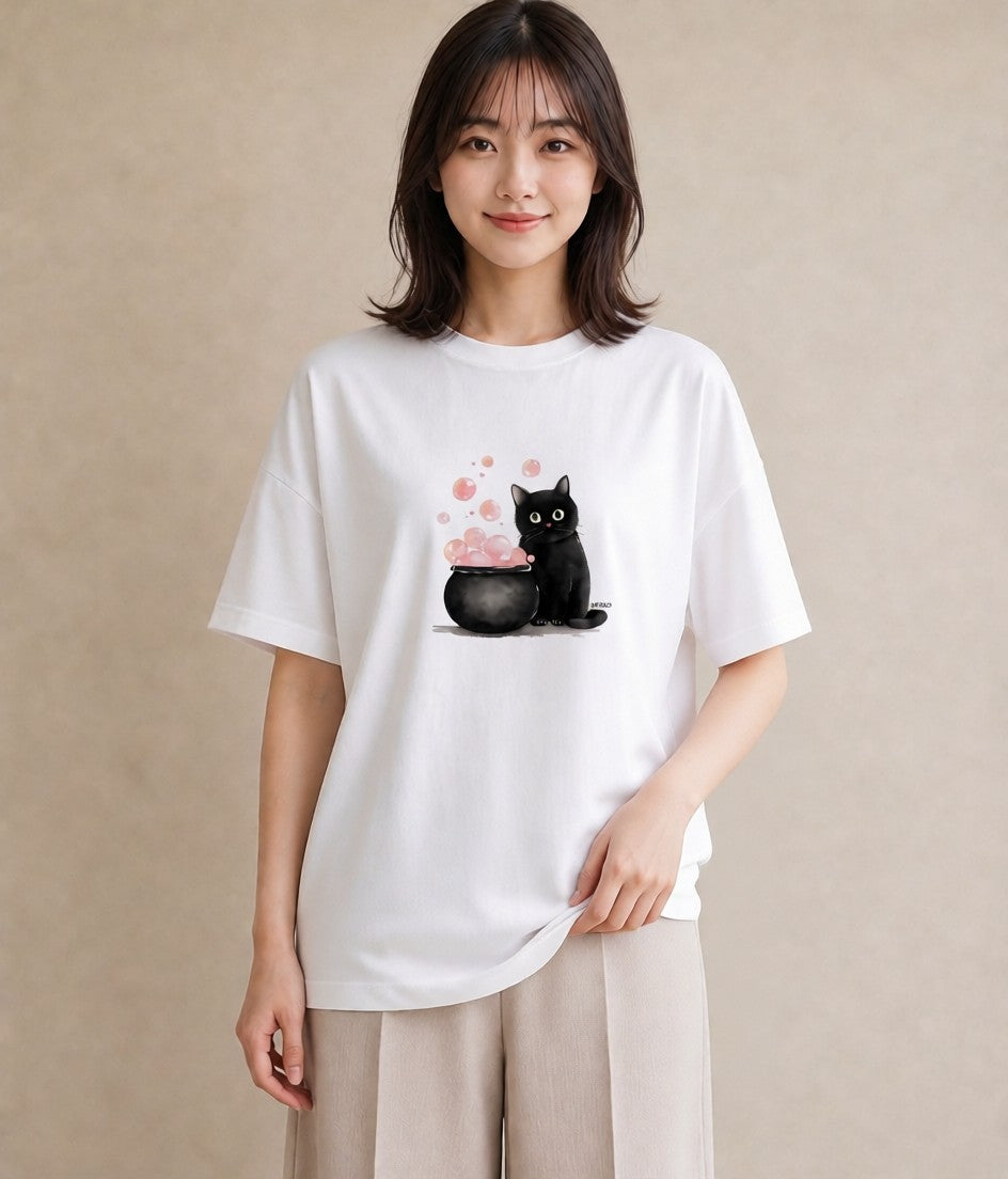 半袖Tシャツ レディース 黒猫 猫 ねこ イラスト ボタニカル 社会人 女性 白T YMAZO