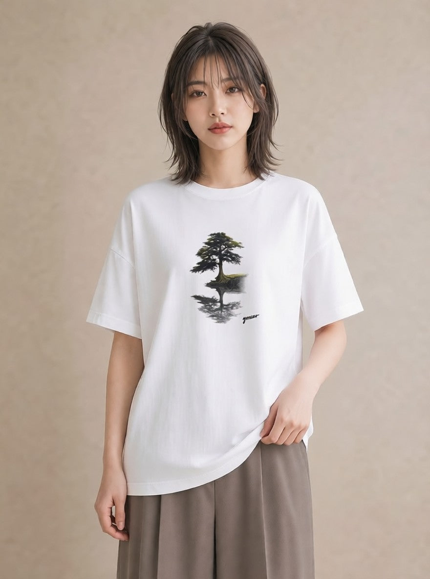 半袖Tシャツ レディース 青の水彩 風景 ブルー ナチュラル アンティーク イラスト 上品 自分用 ルームウェア 白T YMAZO