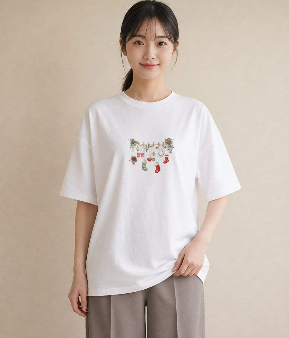 Tシャツ レディース 洗濯物 風 ナチュラル アンティーク イラスト ガーリー 買い物 夏コーデ 白T YMAZO