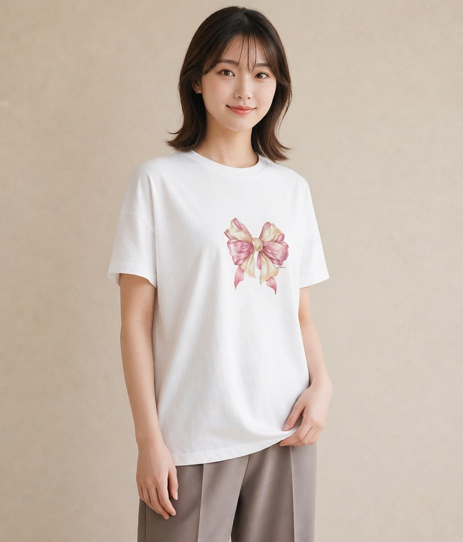 Tシャツ レディース リボン 蝶結び ナチュラル アンティーク イラスト 夏コーデ 通学 白T YMAZO