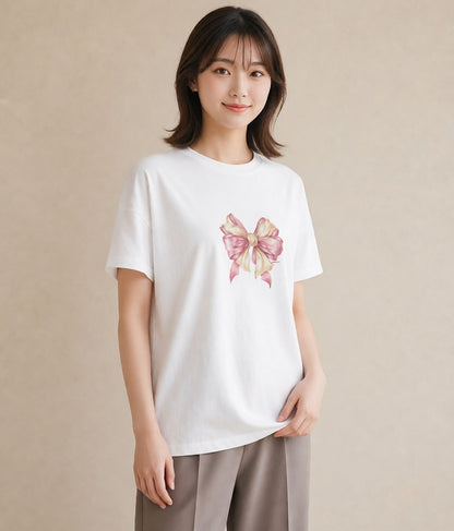 Tシャツ レディース リボン 蝶結び ナチュラル アンティーク イラスト 夏コーデ 通学 白T YMAZO