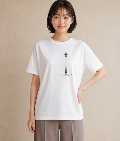 プリントTシャツ レディース 街灯 夜霧 夜 ナチュラル アンティーク イラスト ラフ 通勤 在宅 白T YMAZO