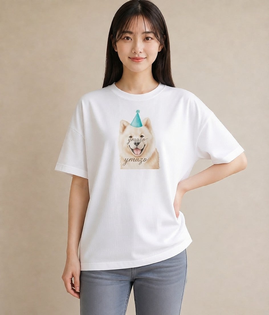 デザインTシャツ レディース サモエド 犬 いぬ イラスト 綿100 デート 白T YMAZO