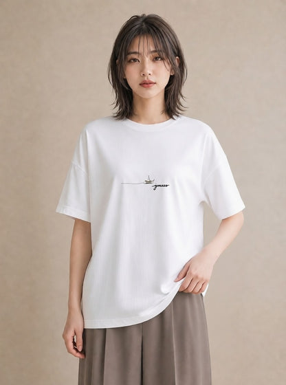 グラフィックTシャツ レディース 桟橋 水辺 波止場 ナチュラル アンティーク イラスト ポップ カジュアルコーデ 買い物 白T YMAZO