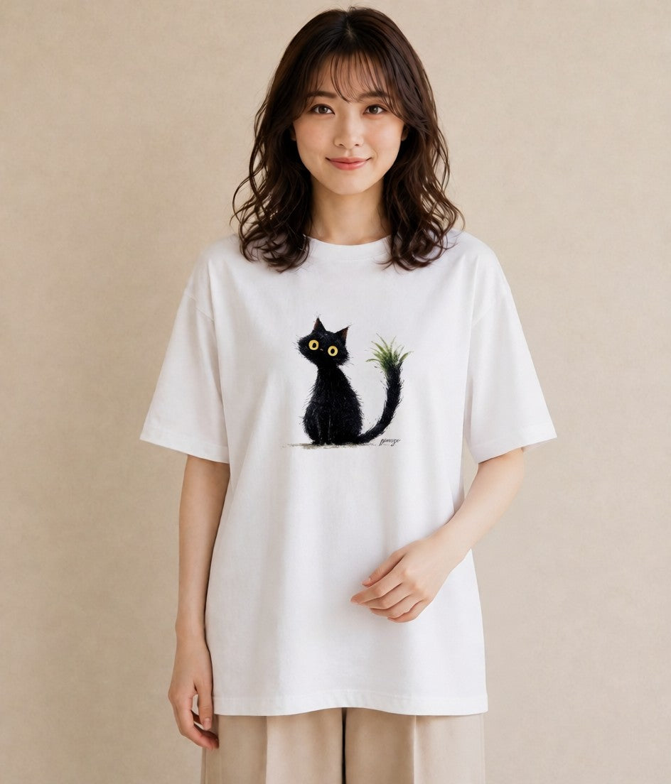 グラフィックTシャツ レディース 黒猫 猫 ねこ イラスト きれいめ おしゃれギフト 社会人 白T YMAZO