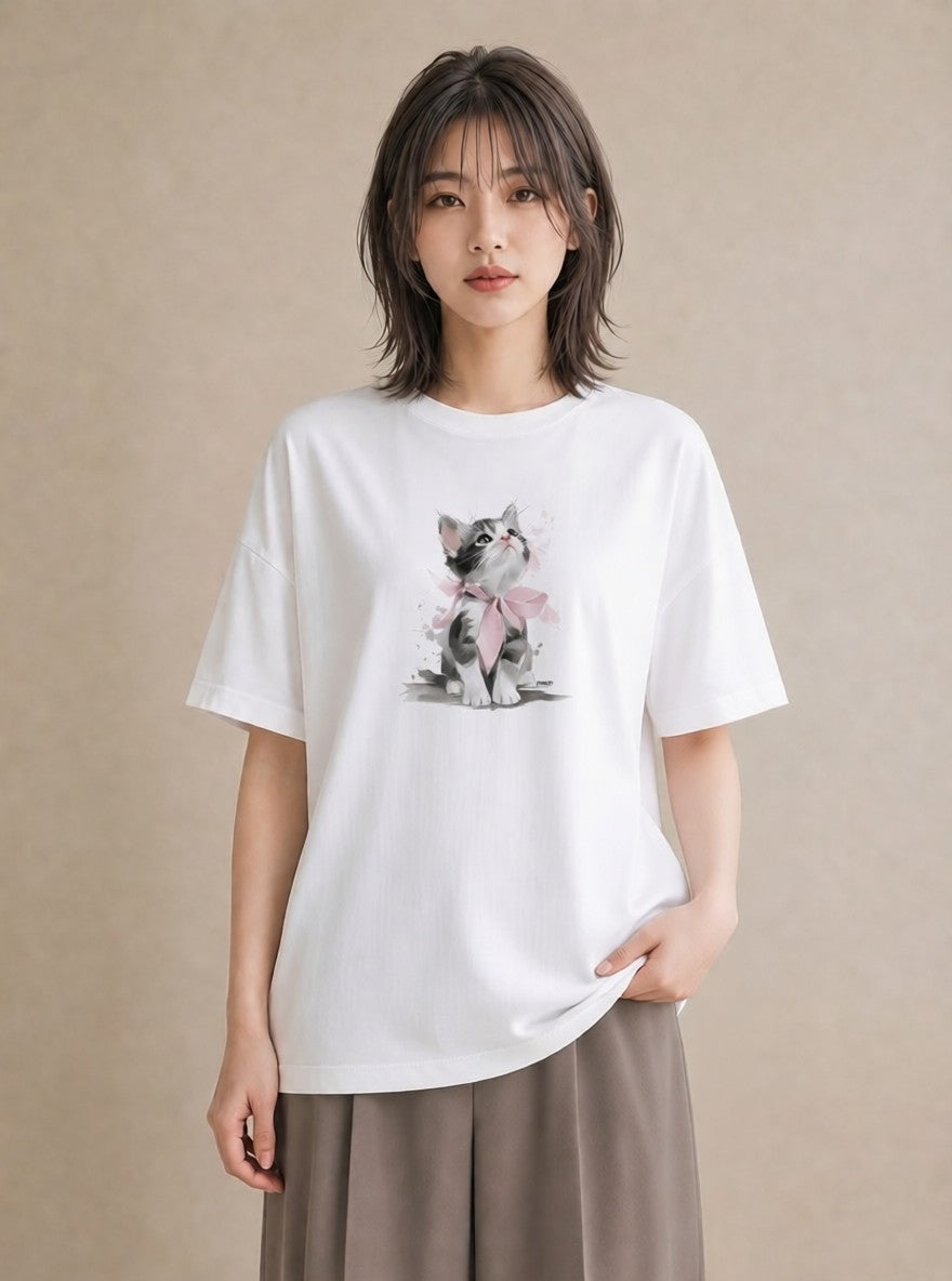 プリントTシャツ レディース 猫 ねこ イラスト 上品 秋コーデ おしゃれギフト 白T YMAZO