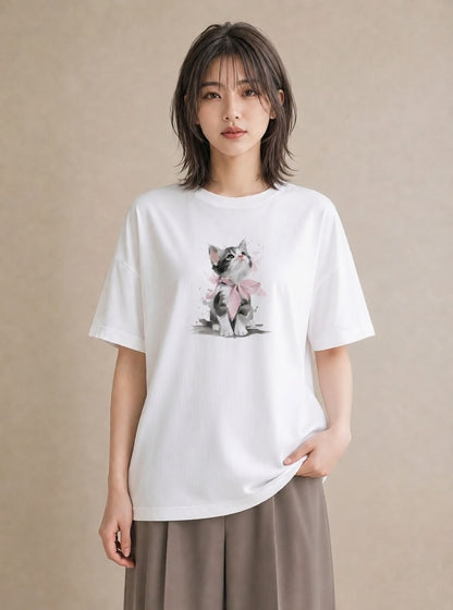 プリントTシャツ レディース 猫 ねこ イラスト 上品 秋コーデ おしゃれギフト 白T YMAZO