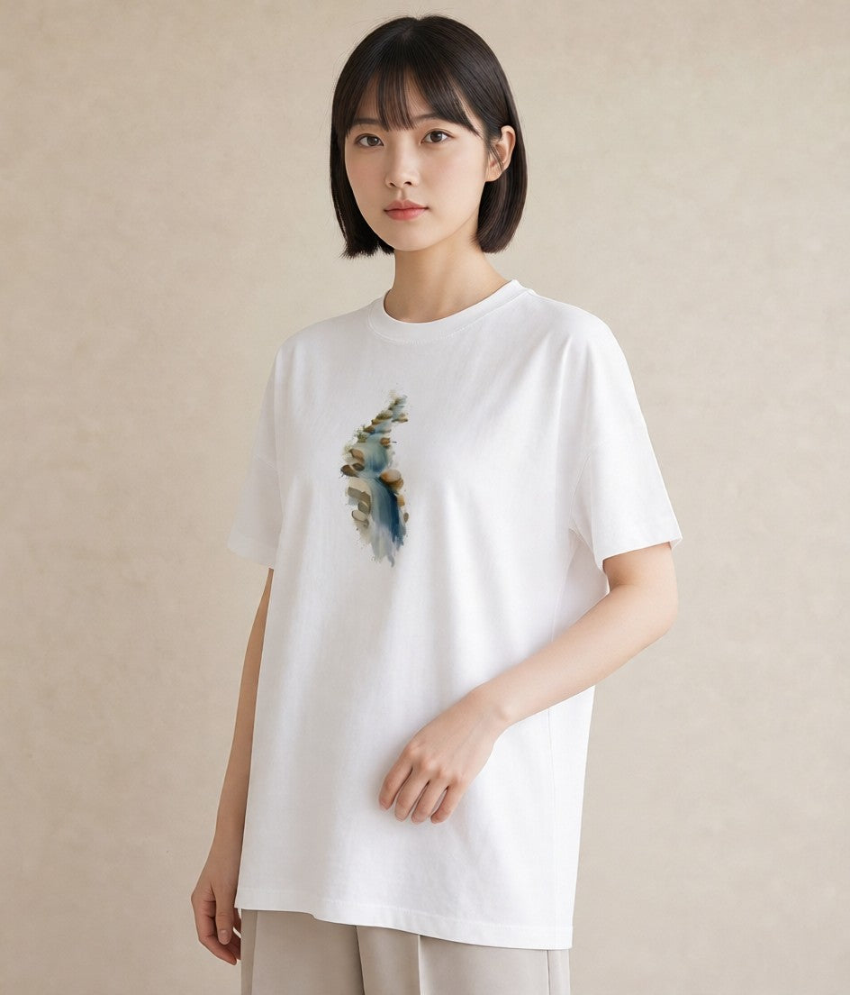 グラフィックTシャツ レディース 小川 橋 せせらぎ ナチュラル アンティーク イラスト アート風 在宅 公園 白T YMAZO