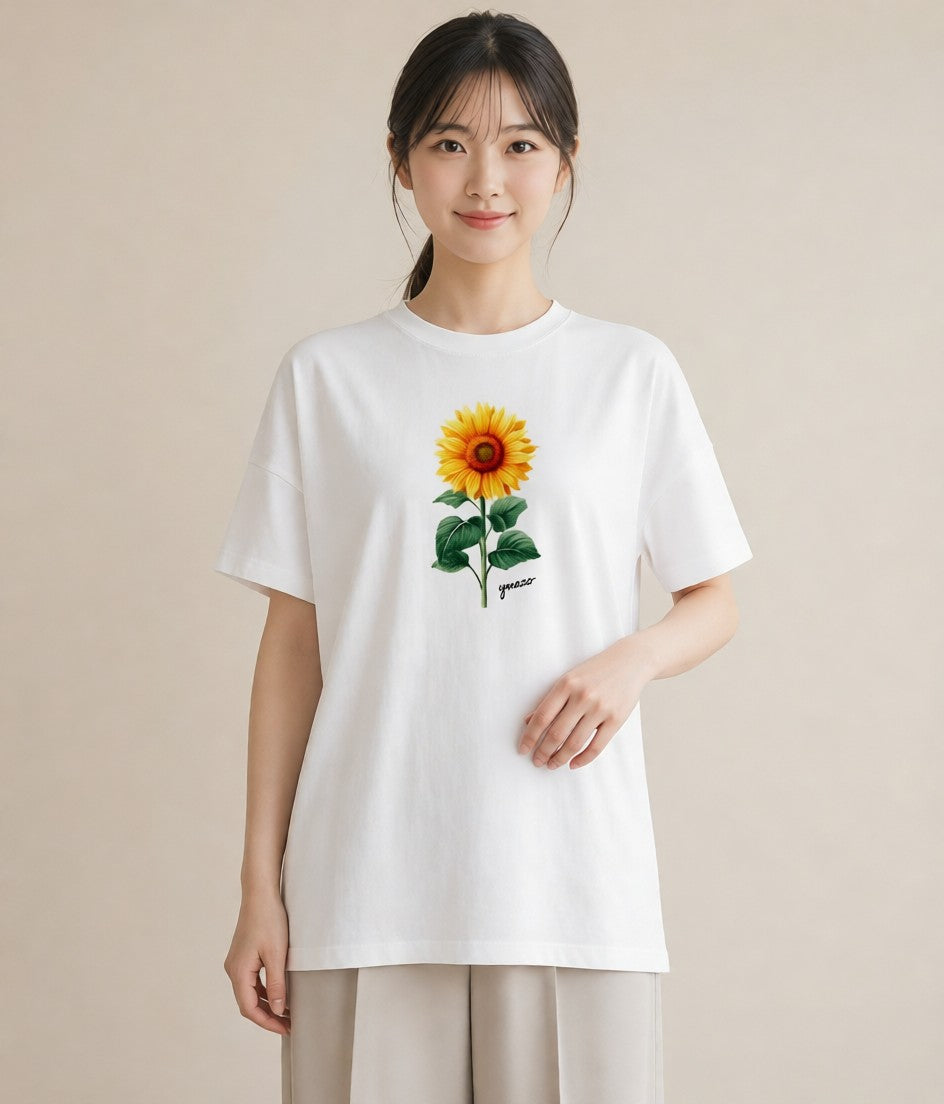 プリントTシャツ レディース ひまわり 向日葵 花 花柄 イラスト シンプル ビーチ デイリーウェア 白T YMAZO