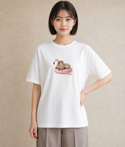 半袖Tシャツ レディース カピバラ かぴばら 動物 アニマル イラスト ニュアンス 親子 20代 白T YMAZO