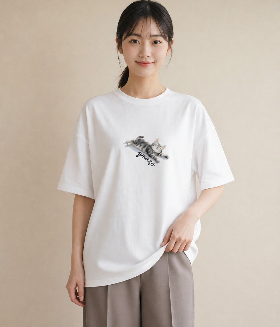 半袖Tシャツ レディース スコティッシュフォールド 猫 ねこ イラスト ガーリー 在宅 公園 白T YMAZO