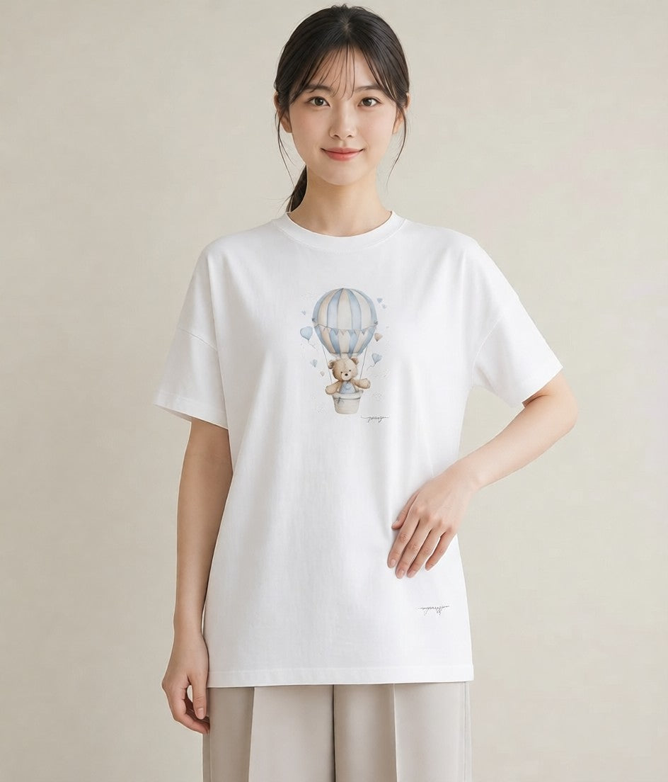 プリントTシャツ レディース 気球 星空 宇宙 イラスト 韓国風 おしゃれギフト 社会人 白T YMAZO