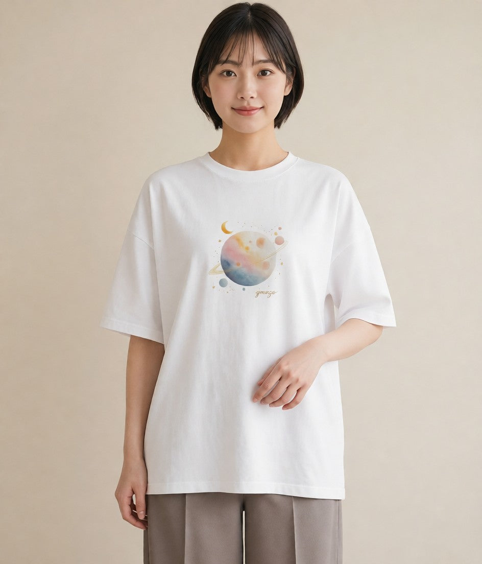 プリントTシャツ レディース 満月 星空 宇宙 イラスト きれいめカジュアル クリスマス 旅行 白T YMAZO