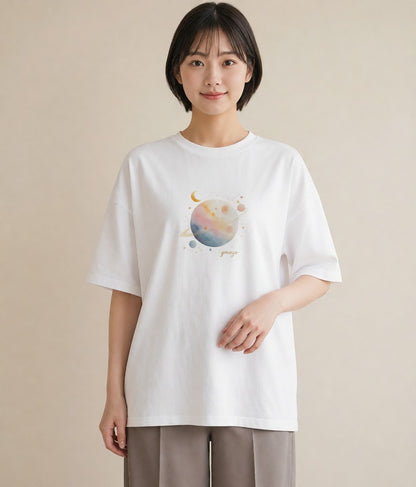 プリントTシャツ レディース 満月 星空 宇宙 イラスト きれいめカジュアル クリスマス 旅行 白T YMAZO
