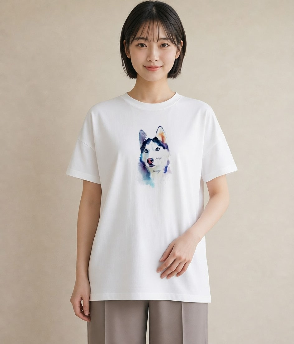 Tシャツ レディース シベリアンハスキー 犬 いぬ イラスト ラフカジュアル デイリーウェア 休日 白T YMAZO