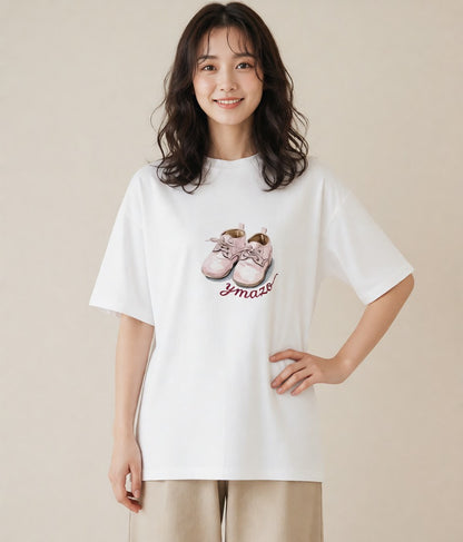 プリントTシャツ レディース バレエシューズ バレエ トウシューズ ナチュラル アンティーク イラスト ゆるコーデ 帰省 ラフ 白T YMAZO